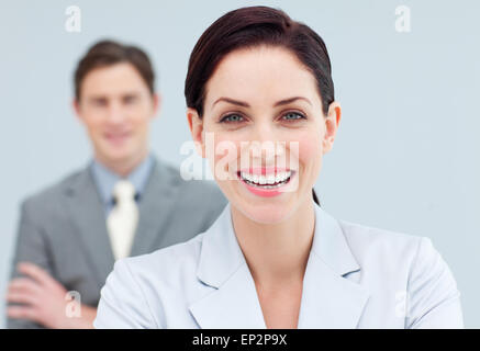 Cheerful business people standing in a row Stock Photo