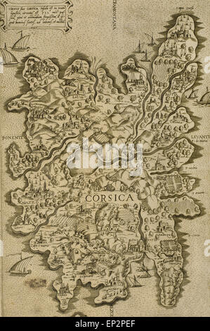 Map of Corsica. Italian engraving. 16th century. Stock Photo