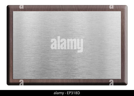 Wooden plaque with silver plate isolated on white Stock Photo