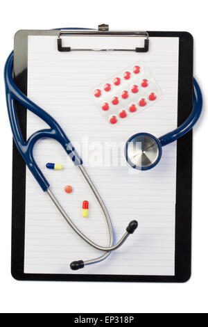 Note pad and stethoscope with color pills and blister strip Stock Photo