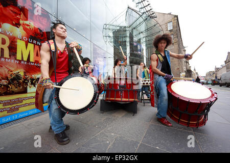 Edinburgh. UK. 13 May, 2015. YAMATO DRUMMERS OF JAPAN. Drummers, masters of the ancient art of Taiko drumming. En route to their first Scottish date in Inverness, the company will stop at the Edinburgh Festival Theatre. Credit:  Pako Mera/Alamy Live News Stock Photo