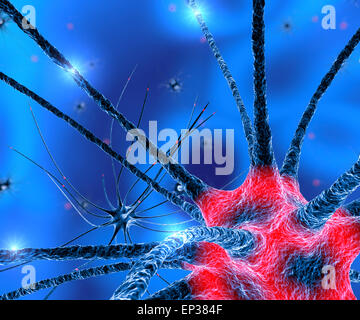 Render of group of neurons on blue background Stock Photo