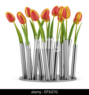 tulips in modern metallic vase isolated on white Stock Photo
