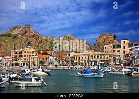 The small fishing port and the castle of Myrina town, Lemnos ('Limnos') island, North Aegean,Greece. Stock Photo