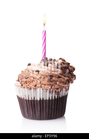 chocolate cupcake with candle isolated on white Stock Photo