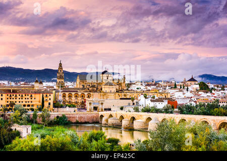 Cordoba, Spain at the Roman Bridge and Mosque-Cathedral on the Guadalquivir River. Stock Photo