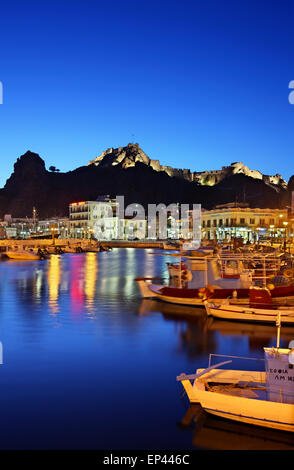 Night view of the small fishing port and the castle of Myrina town, Lemnos ('Limnos') island, North Aegean,Greece. Stock Photo