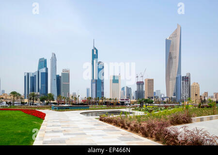 Skyline of Central Business District (CBD) from new Al Shaheed Park in  Kuwait City, Kuwait Stock Photo