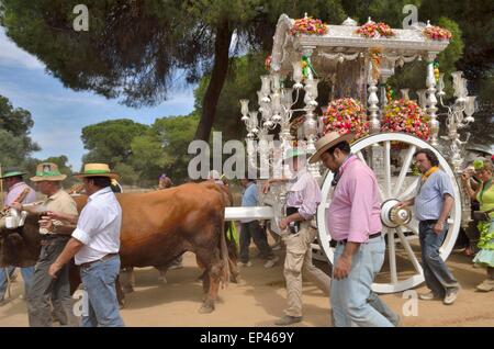 Pilgrims in pilgrimage route of El Rocio in the countryside of Huelva that go to the Huelva village of El Rocio. Stock Photo