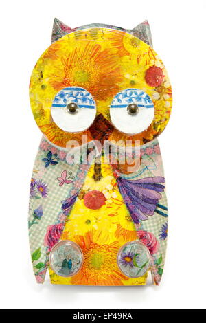 Handmade decoupage decorated owl towel rack isolated Stock Photo