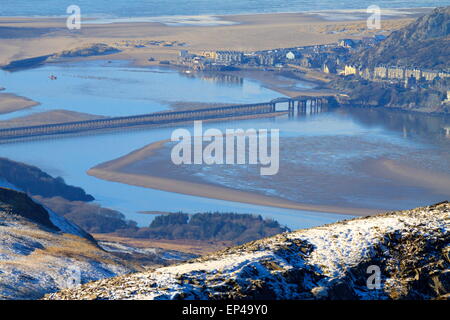 The wooden structure of Barmouth railway bridge can be easily seen from the summit of Cadair Idris. Stock Photo