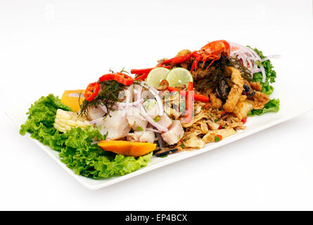 Peruvian food: combined rice, fried fish and ceviche Stock Photo