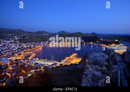 Panoramic view of Myrina town ('Tourkikos Gialos') and its port, from its castle. Lemnos (Limnos) island, North Aegean, Greece. Stock Photo