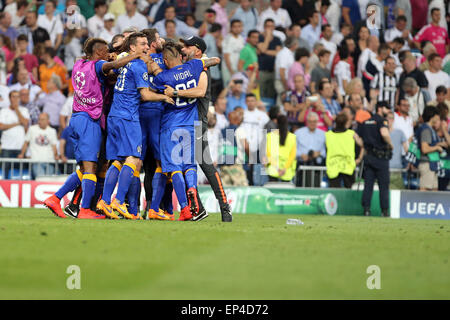 Madrid, Spain. 13th May, 2015. Juventus players celebrates after the UEFA Champions League semi final second leg match between Real Madrid CF and Juventus at the Santiago Bernabeu stadium in Madrid, Spain. Credit:  James Gasperotti/ZUMA Wire/Alamy Live News Stock Photo