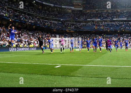 Madrid, Spain. 13th May, 2015. Juventus players celebrates after the UEFA Champions League semi final second leg match between Real Madrid CF and Juventus at the Santiago Bernabeu stadium in Madrid, Spain. Credit:  James Gasperotti/ZUMA Wire/Alamy Live News Stock Photo