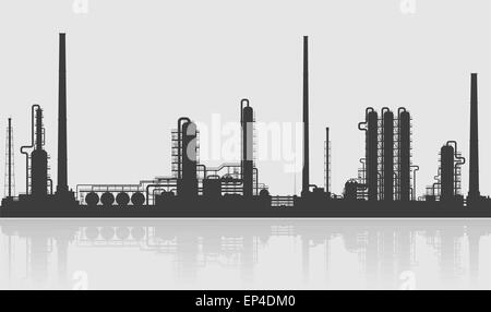 Oil refinery or chemical plant silhouette. Detailed vector illustration isolated on grey background. Stock Vector