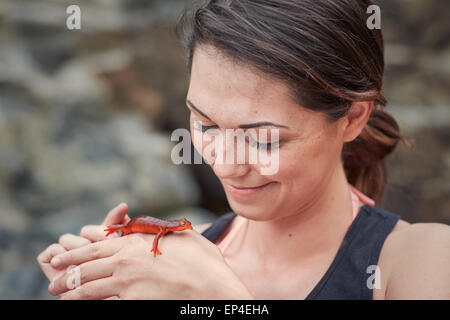 A young woman smiling while holding a Sierra Newt in Northern California. Stock Photo