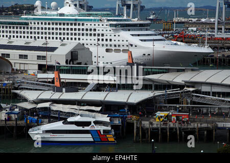 Cruise ship and Auckland Ferry Terminal, Auckland waterfront, North Island, New Zealand Stock Photo