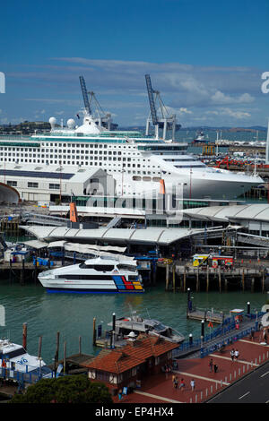 Cruise ship and Auckland Ferry Terminal, Auckland waterfront, North Island, New Zealand Stock Photo