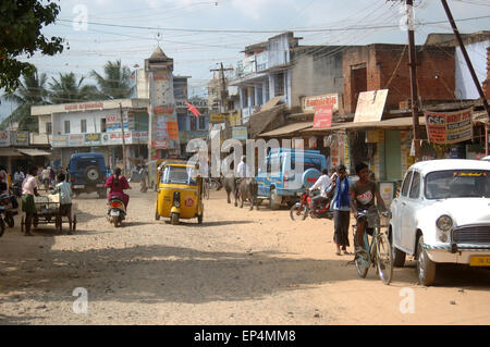 TAMIL NADU, INDIA, circa 2009: Streets crowded with traffic and pedestrians, circa 2009 in the village of Kalakad, Tamil Nadu Stock Photo