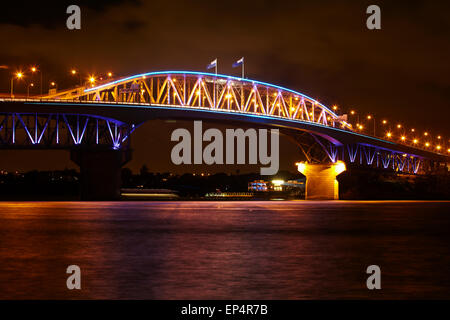 Auckland Harbour Bridge and Waitemata Harbour at night, Auckland, North Island, New Zealand Stock Photo