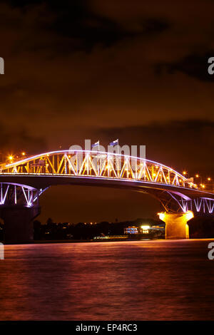 Auckland Harbour Bridge and Waitemata Harbour at night, Auckland, North Island, New Zealand Stock Photo