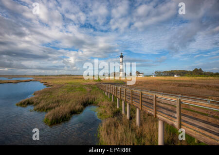 The Bodie Island lighthouse and adjacent boardwalk in Cape Hatteras National Seashore in the Outer Banks of North Carolina. Stock Photo