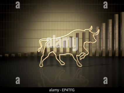 An abstract closeup of a gold outline depicting a stylized bull representing financial market trends on a bar graph background Stock Photo