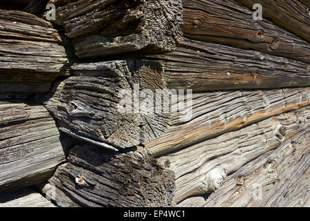 old logs in log barn wall corner, Finland Stock Photo