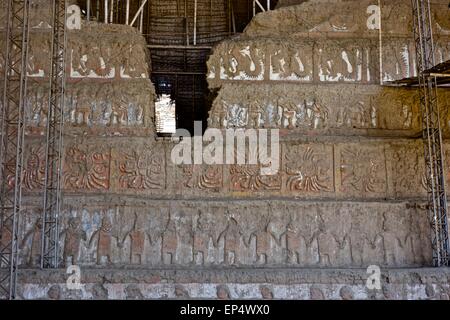 Moche wall murals being excavated at the Huaca de la Luna archaeological site, Trujillo, Peru. Stock Photo