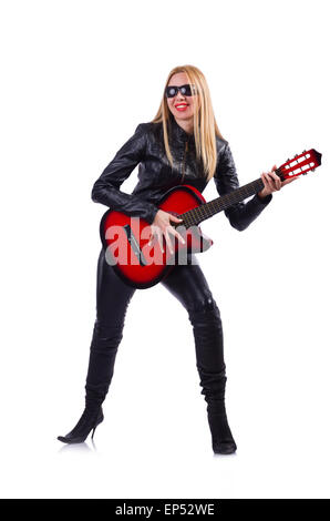 Woman guitar player in leather costume Stock Photo