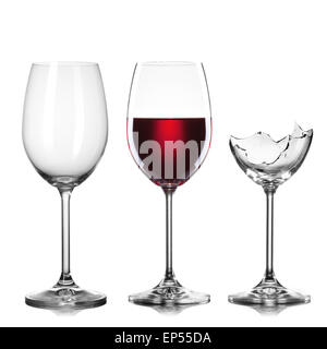 empty, full of wine and broken wineglasses isolated on white Stock Photo