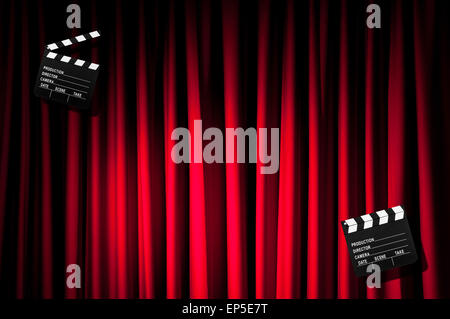 Movie clapper board against curtain Stock Photo