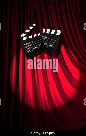 Movie clapper board against curtain Stock Photo