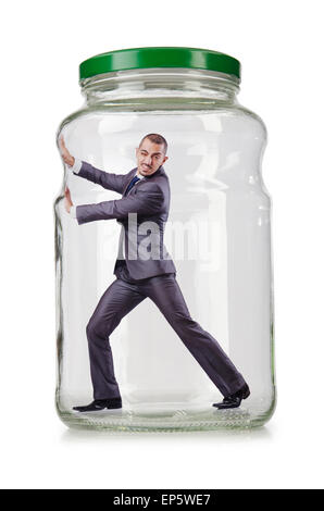 Young businessman in glass jar Stock Photo