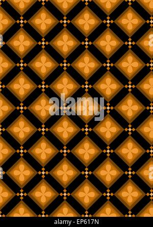 Orange flowers in brown rhombuses on black seamless background Stock Vector
