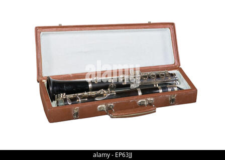 Case with an old clarinet isolated on white background. Stock Photo