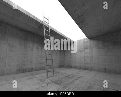 Metal ladder goes up to the light out from the dark concrete room interior, 3d render illustration Stock Photo