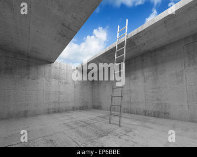 Metal ladder goes up to the sky out from the empty concrete room interior, 3d illustration Stock Photo
