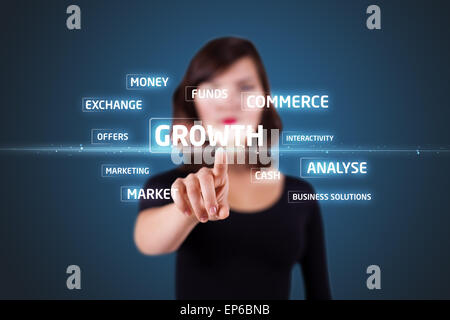 Businesswoman pressing modern business type of buttons Stock Photo