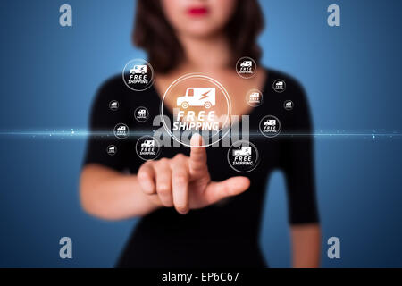 Businesswoman pressing virtual promotion and shipping type of icons Stock Photo