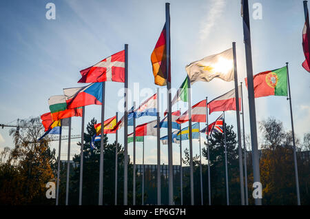 Flags of the European Union countries at the European Commission, European Quarter, Luxembourg Stock Photo
