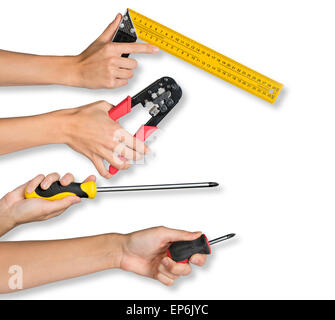 Peoples hands holding tools Stock Photo