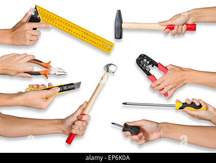 Set of peoples hands holding tools Stock Photo