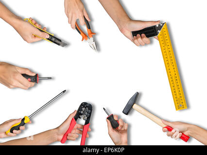 Set of peoples hands holding tools Stock Photo