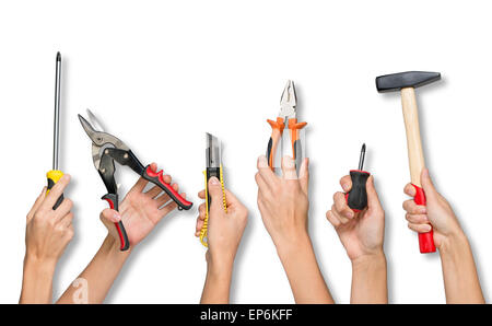 Set of peoples hands holding tools Stock Photo