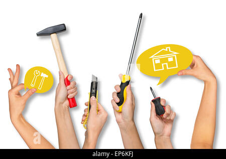 Set of peoples hands holding tools Stock Photo