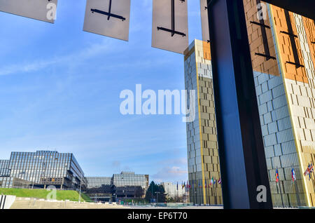 Golden twin towers and European Commission seen from the Court of Justice of the European Union, in Kirchberg, Luxembourg Stock Photo