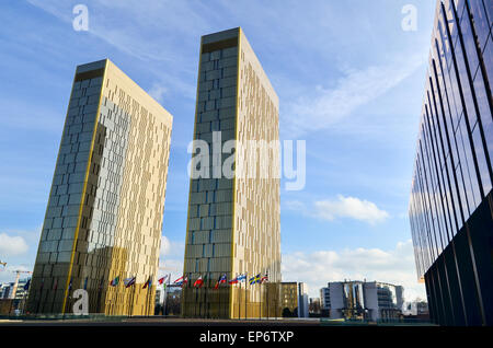 Golden twin towers of the Court of Justice of the European Union, in European Quarter, Kirchberg, Luxembourg Stock Photo