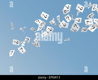 white papers with question mark flying on sky Stock Photo